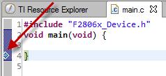 Code Implementation A blue arrow should now point to the end of function main(). This is an indication that the machine code has been properly downloaded into the F28069. 6. Code Implementation 6.1.