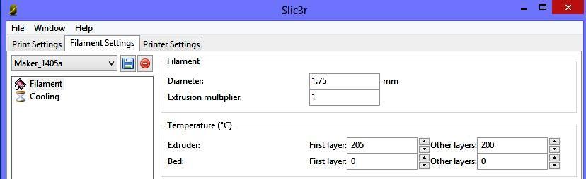 5. Select the "Filament Settings" TAB to bring up the next configuration screen as shown below. 6. Set the "Diameter:" to be 1.75 mm. 7.