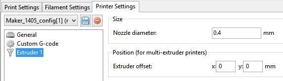 17. Select the "Extruder 1" from the left column to bring up the following page: 18. Enter 0.4 in the "Nozzle diameter:" setting area. The Extruder offset: can remain at the default "0". 19.