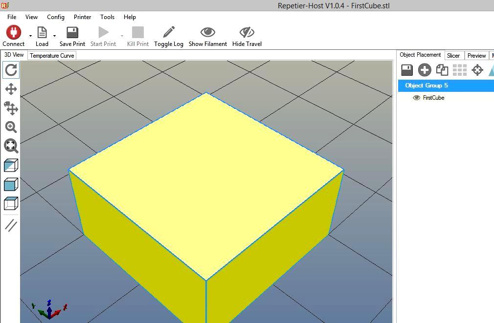 Within "Repetier", click on the "Load" icon as indicated below. 2. The File Explorer window will open. Navigate to the "3D_Printing/Projects/FirstCube" folder and select the "FirstCube.