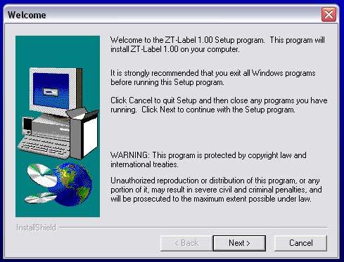 Figure 8.12 Figure 8.12 shows the Welcome screen for the ZT-Label install.