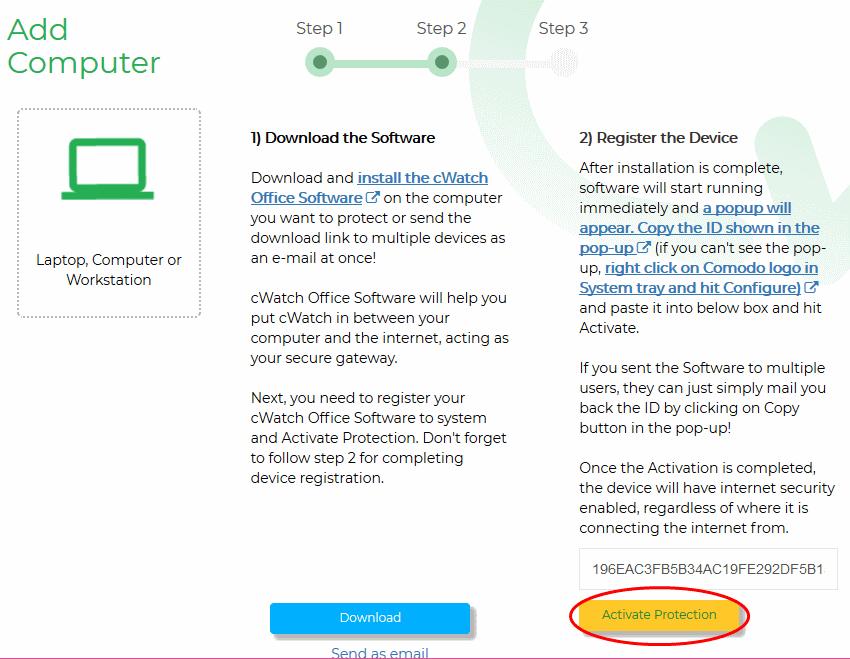Computer or Workstation' Enter the Client ID in the text box under '2) Register the Device' and
