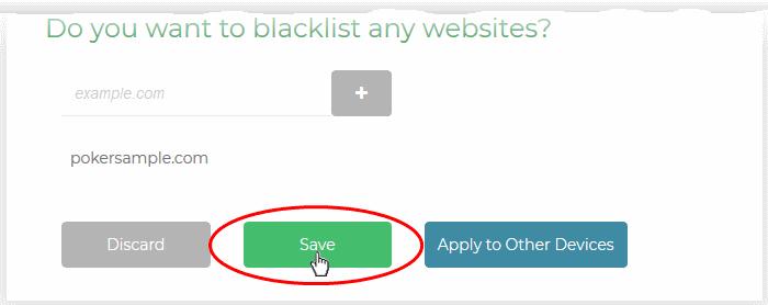 Repeat the process to add more websites To remove a website, hover your mouse over the website name and click 'x' To add websites to whitelist Enter the domain name (without 'www.