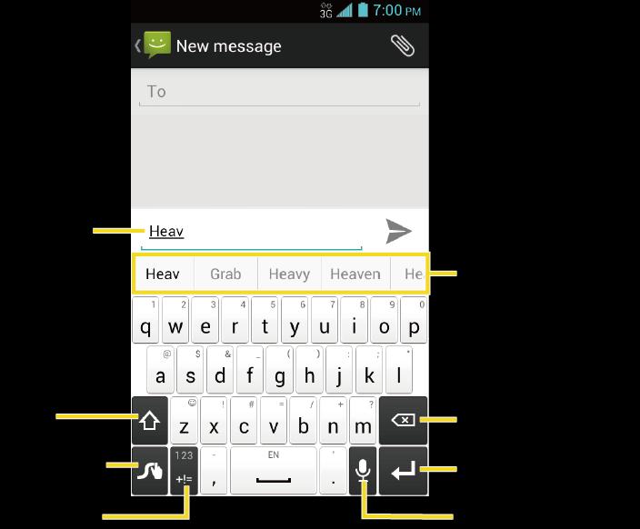 Android keyboard lets you use a traditional QWERTY setup to enter text. Additional options expand your ability to enter text faster and more accurately. See Android Keyboard for details.