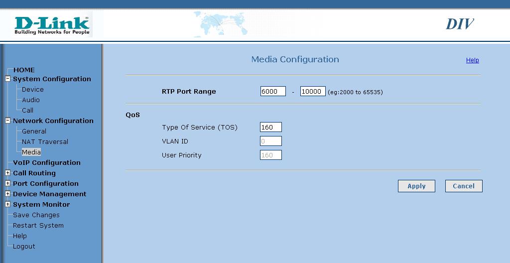 RTP Port Range: QoS: ToS: Configure the port range to be used for RTP streaming.