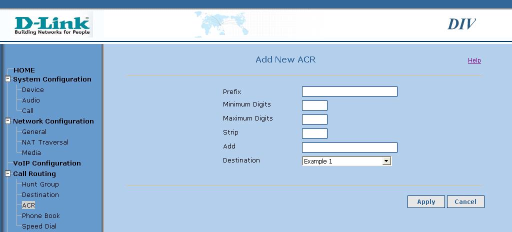 ACR: Edit: Automatic Call Routing is supported where in based on the number, the calls can be routed to any destination. The ACR entries can be managed on this page.