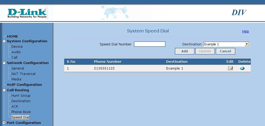 Speed Dial: Edit: Delete: Add New: Here you can manage the system speed dial entries common to all FXO ports.