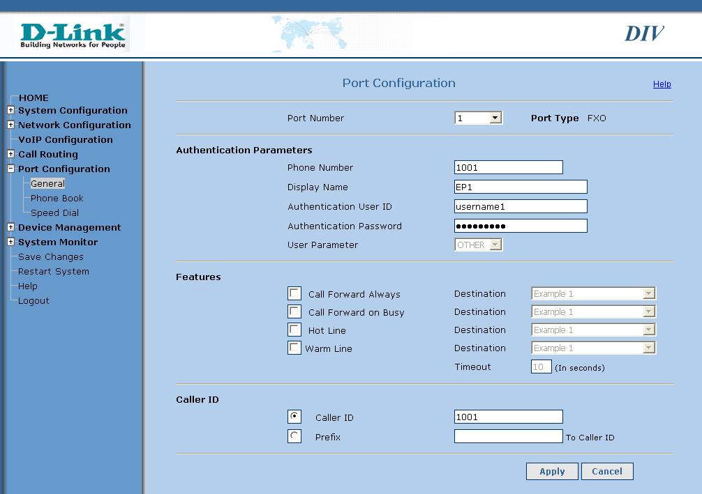 Port Configuration Port Number: Authentication Parameters: Phone Number: Display Name: Authentication User ID: Here you can configure the authentication parameters to register with VoIP server and