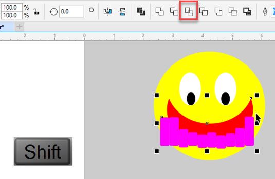 we are going to put teeth inside the mouth of our smiley guy design: Select the teeth Select the red mouth Click the Intersect button in