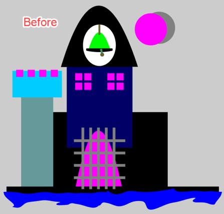 Select the left side of the castle Click the Weld tool to combine the top and bottom together Choose black in your color palette Select all 4 pink squares Click the Trim button Deleted the 4 pink