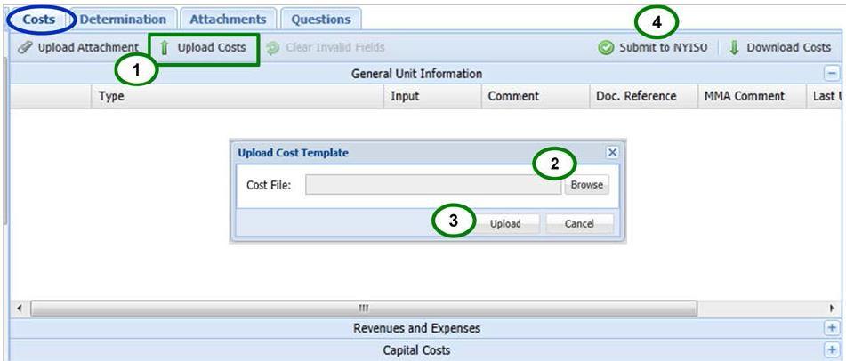 Figure 11: Upload Costs Screen The user may receive error messages upon attempting to upload the template if the template has not been filled out according to the