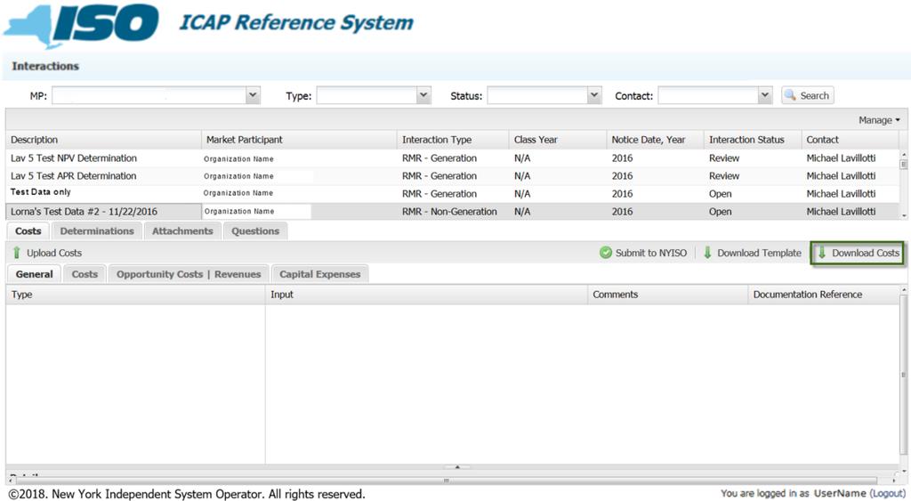 Figure 16: ICAP Reference System Generator Deactivation Assessment Detail Screen Click on the "Download Cost" icon. The following screen will display.