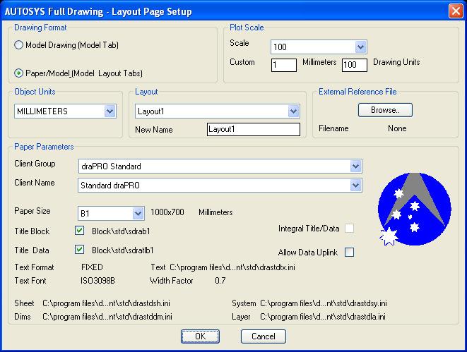 AutoSYS Full Drawing Layout Page Setup As stated above in the previous part of this chapter once AutoCAD2016 has run up, the drapro Drawing setup dialog will open.