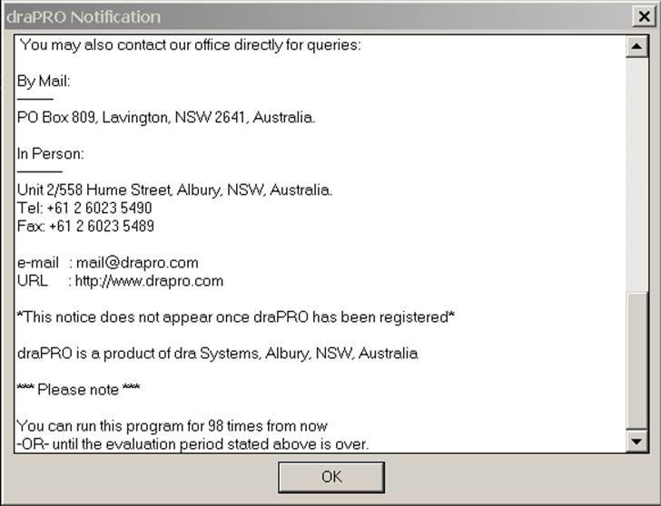 Copy down this information from the dialog box. Then contact the drapro service team through one of the ways below. Once the service team has received your information they will send back a.fas and.