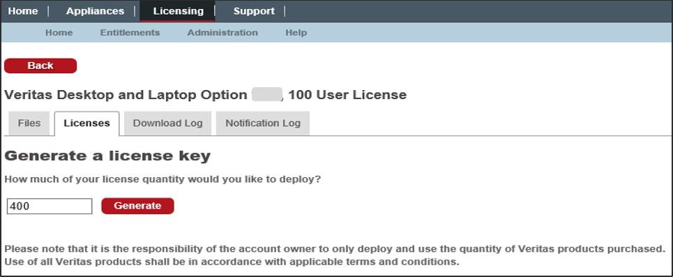 i) Click the Generate button and enter the license quantity that you want to deploy. j) Click Save to save the license file to the local system.