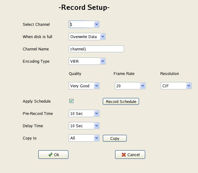 10 Motion Detection Recording 2/2 Step 1 In [Record Setup] window, set recording parameters, then Check the [Apply Schedule] box, click [Record