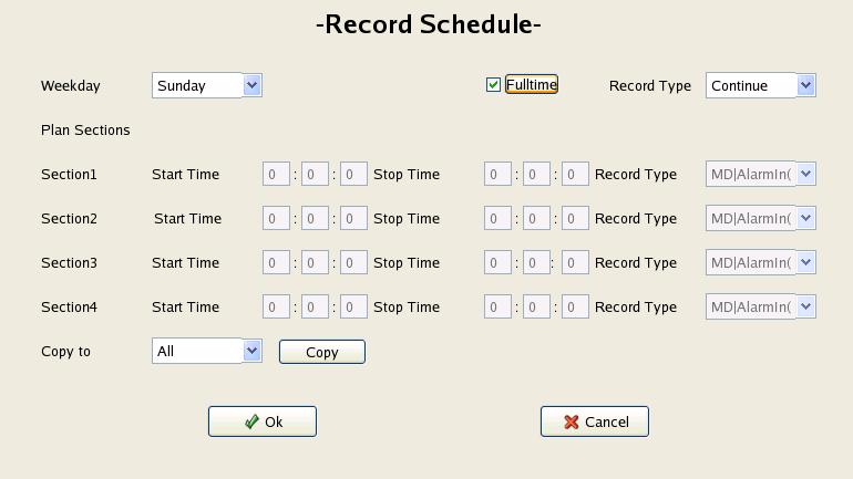 Step 2 In [Record Schedule] window, choose the weekday, choose record type as [Continue], and then define time segments or check [Full time] box for