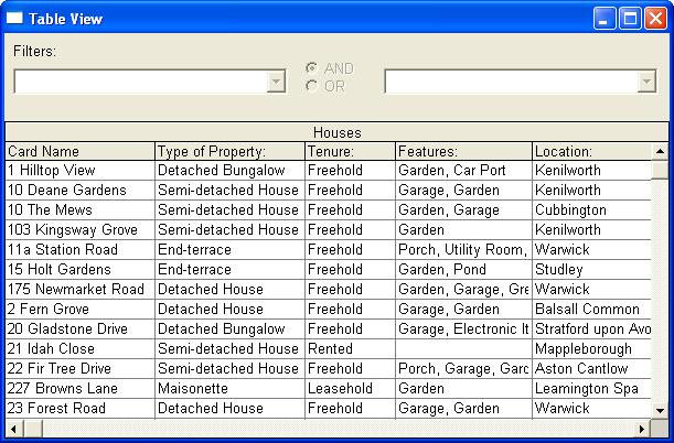 Table View Another new feature is the ability to view the database as a table. This is only available using the DataFind template. To see this; Open the Houses database.