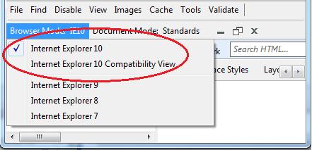 To disable compatibility view temporarily: 1. Click the gear shaped tools button located on the menu bar and select F12 developer tools 2.