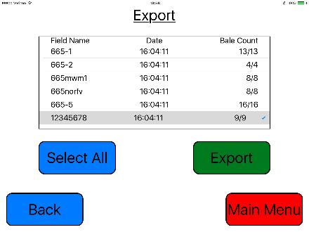 file with selected job records When the Export page is opened the bale information in jobs will be retrieved.