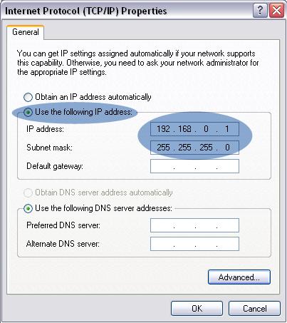 Here select the use the following IP address radio button. Set the IP address of your PC to 192.168.
