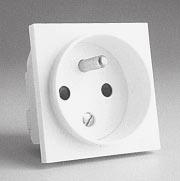42 French receptacle. White. 16 ampere 2 volt. Shuttered contacts. mm x mm size. United Kingdom receptacle. White. 13 ampere 2 volt. BS 1363A.