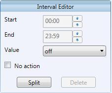 Create time program 1 2 3 Divide and adapt interval 1. Select interval to be divided. 2. Click on the divide button. The interval is divided into two intervals of the same size. 3. Select value in the value field.