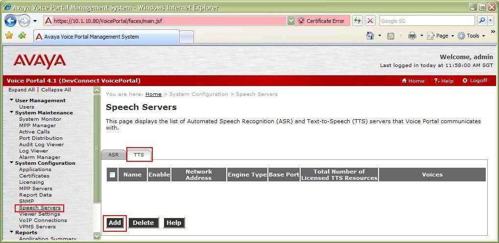 8. To configure the TTS server, click Speech