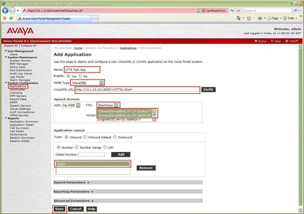 10. To add an Avaya VP application, click Applications and then click Add on the Applications page (not shown). Configure the Add Application page as shown.