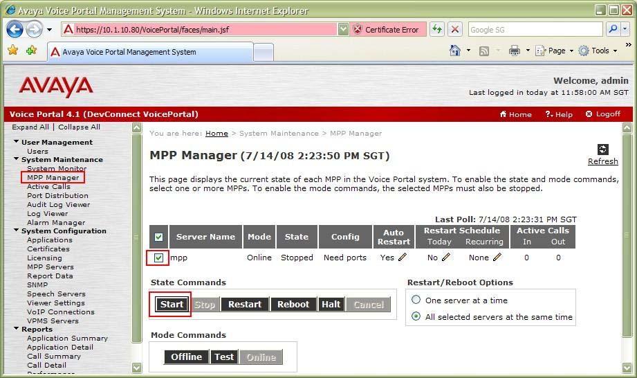 11. To start the MPP server, click MPP Manager. On the MPP Manager page, select the MPP and click Start. After the MPP is started, the Mode of the MPP should be Online and the State should be Running.