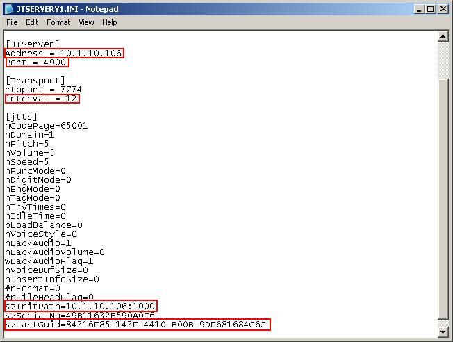 2. Edit the file JTSERVERV1.INI located in the D:\Program Files\SinoVoice\jTTS 5.0.1 Pro\bin\ directory using Notepad.
