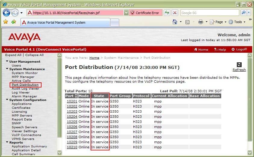 2. From the VPMS web interface, click Port Distribution. On the Port Distribution page, verify that the ports on the MPP server are in service. 3.