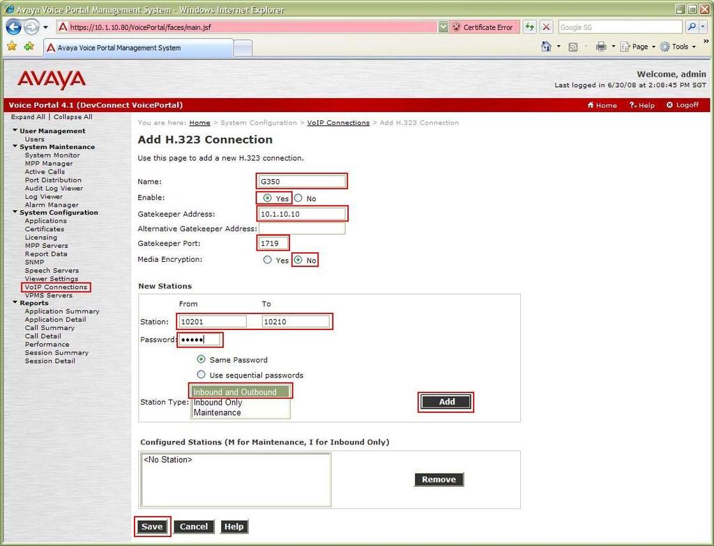 2. To configure the H.323 connection to Avaya Communication Manager, click VoIP Connections and click Add from the H.323 tab (not shown). In the Add H.