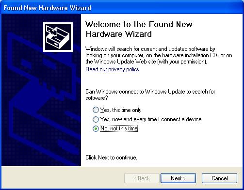 13. In the Found New Hardware Wizard select No, not this