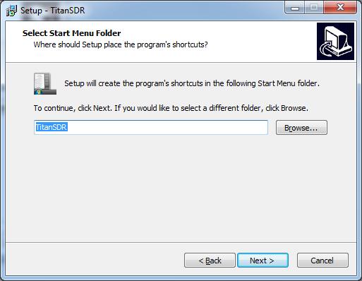 4. Confirm the proposed installation folder (for example, C:\Program Files\TitanSDR if C: is your main drive) by