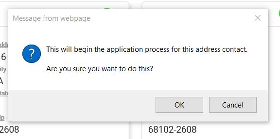 6. Clicking the green box begins the application process and the following pop up will appear.