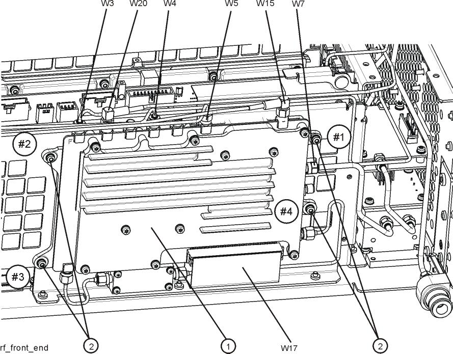 17.Refer to Figure 15. Place the RF Front End Assembly into the chassis. Replace the four screws (2). Using the T-10 driver, torque to 9 inch-pounds in the sequence shown, starting with #1.