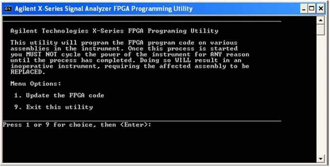 8. The FPGA Programming Utility will start and a window as shown in Figure 34 will appear. Figure 34 FPGA Programming Utility 9. To program the FPGA code enter 1 and press Enter.