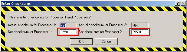 Abbildung 3-10 In the following Dialog you have to type in the check sums for both microprocessors.