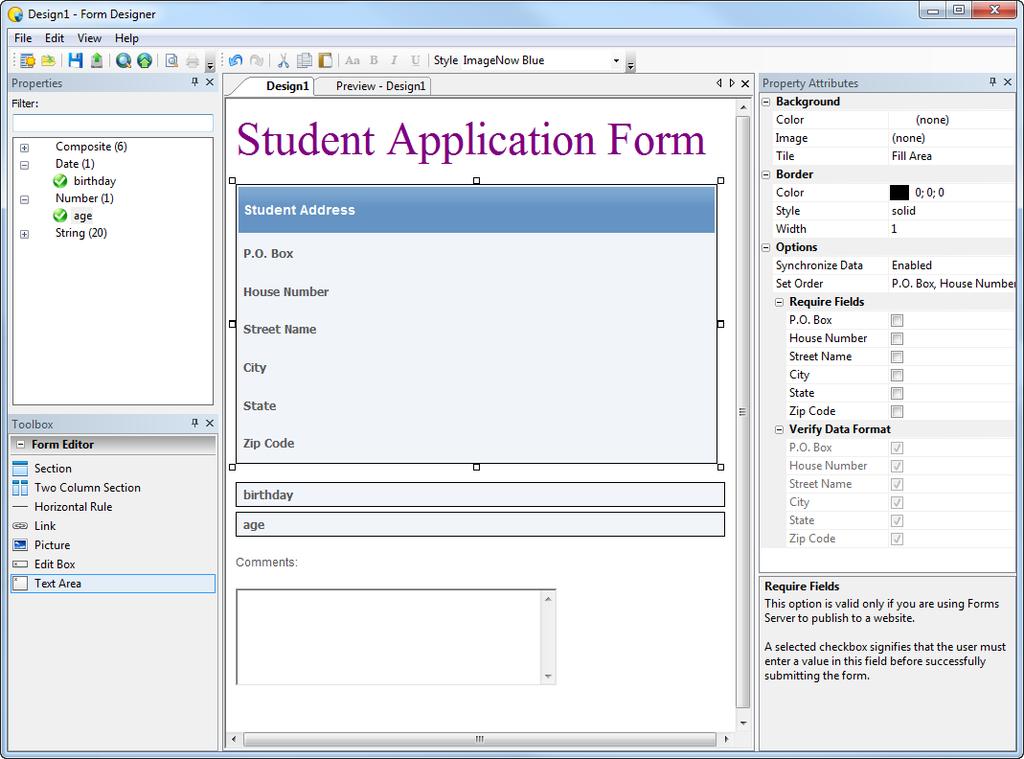 To add fields to a form, Form Designer allows you to select custom properties that a manager created in Management Console.