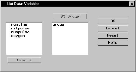 Example: Create a Listing Report 119 Figure 6.5. List Data: Variables Dialog BY group variables separate the data set into groups of observations. Separate reports are produced for each group.