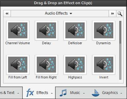 To repair and enhance an audio track: 1. Click Effects on the Action bar to open the Effects panel. 2. Select the effect you want to apply.