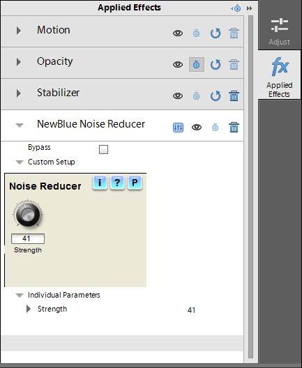 To repair an audio track, you might choose the NewBlue Noise Reducer from the selection in the Effects view. 3. Select a clip or multiple clips in the Expert view timeline.
