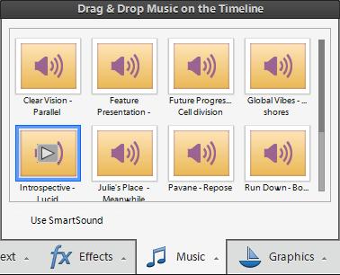 To use SmartSound tracks: 1. From the Music panel in the Expert view timeline, click Use SmartSound (Figure 4).