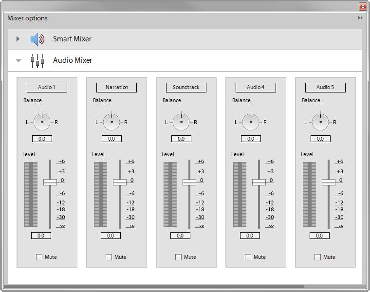 Use the Audio Mixer to adjust audio balance and volume for different tracks in your project (Figure 12).