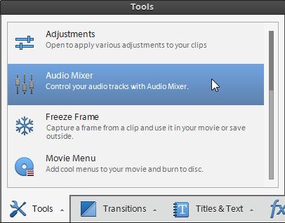 2. In the Expert view timeline, click the Tools panel and select Audio Mixer option (Figure 14) or choose Tools > Audio Mixer. 3.