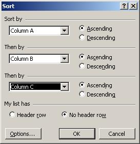 2.2 Sorting on Column (by Row) You can sort on as many as three columns at once. 1. Select the range or table in worksheet, and then choose Data Sort. 2.