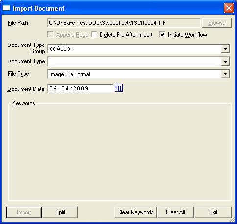 2. Select the file you want to import on your Desktop or in Explore and drag it on to the gray area of the OnBase Desktop. The Import Document dialog box is displayed, as shown below: 3.