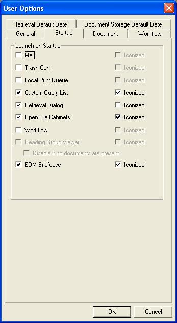 Startup Tab This tab will define which windows and features the OnBase Client will have displayed and which
