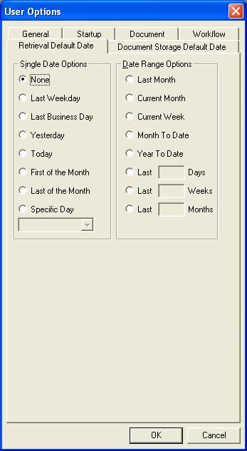 Retrieval Default Date Tab If you specify a date range in the Default Date dialog box, the specified range appears automatically in the Client dialogs date fields.